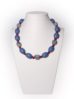 Signed Monet Blue Gray Acrylic Beaded Choker Necklace 15” Gold Tone Vintage